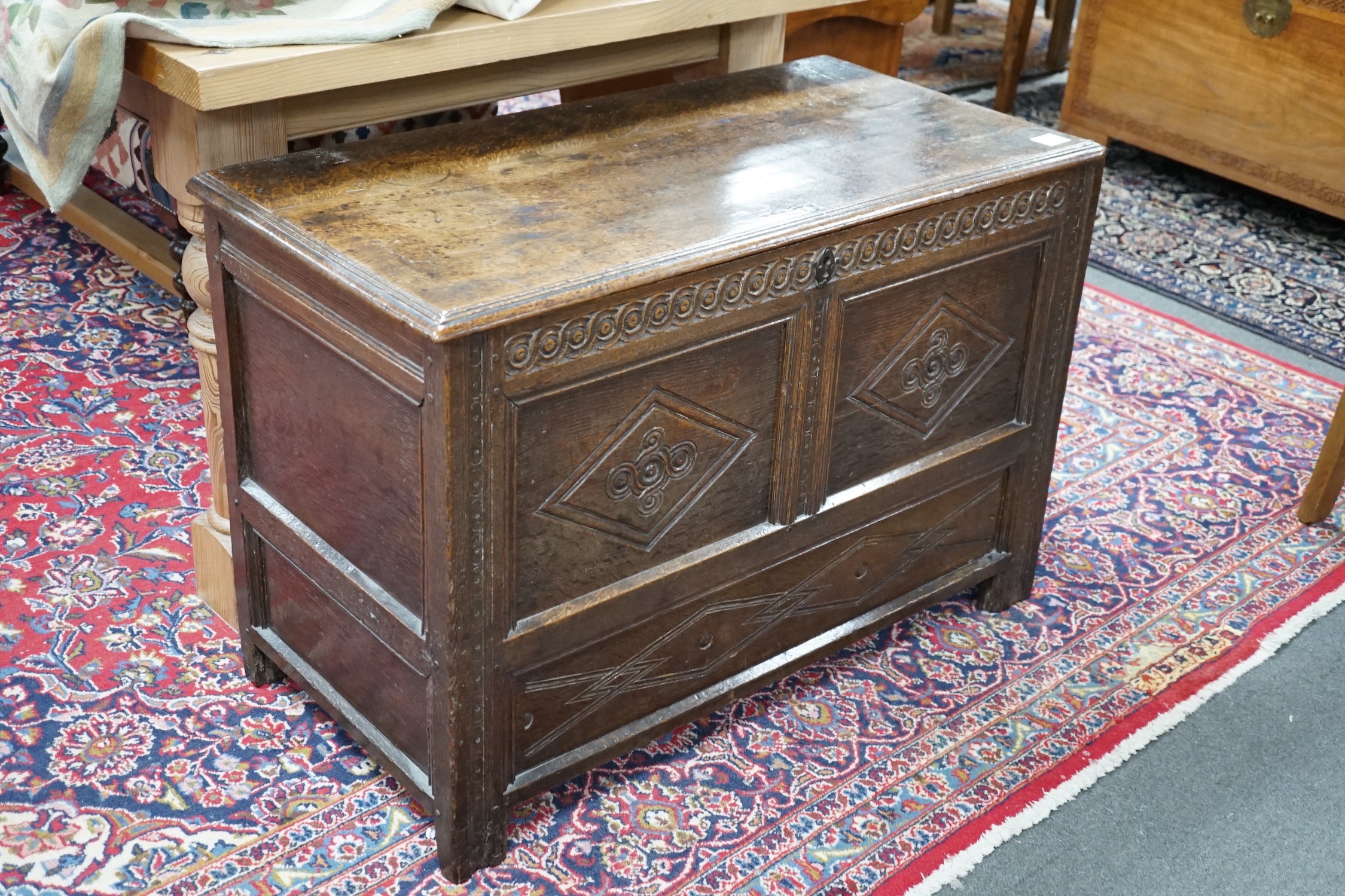 An early 18th century panelled oak coffer, width 96cm *Please note the sale commences at 9am.